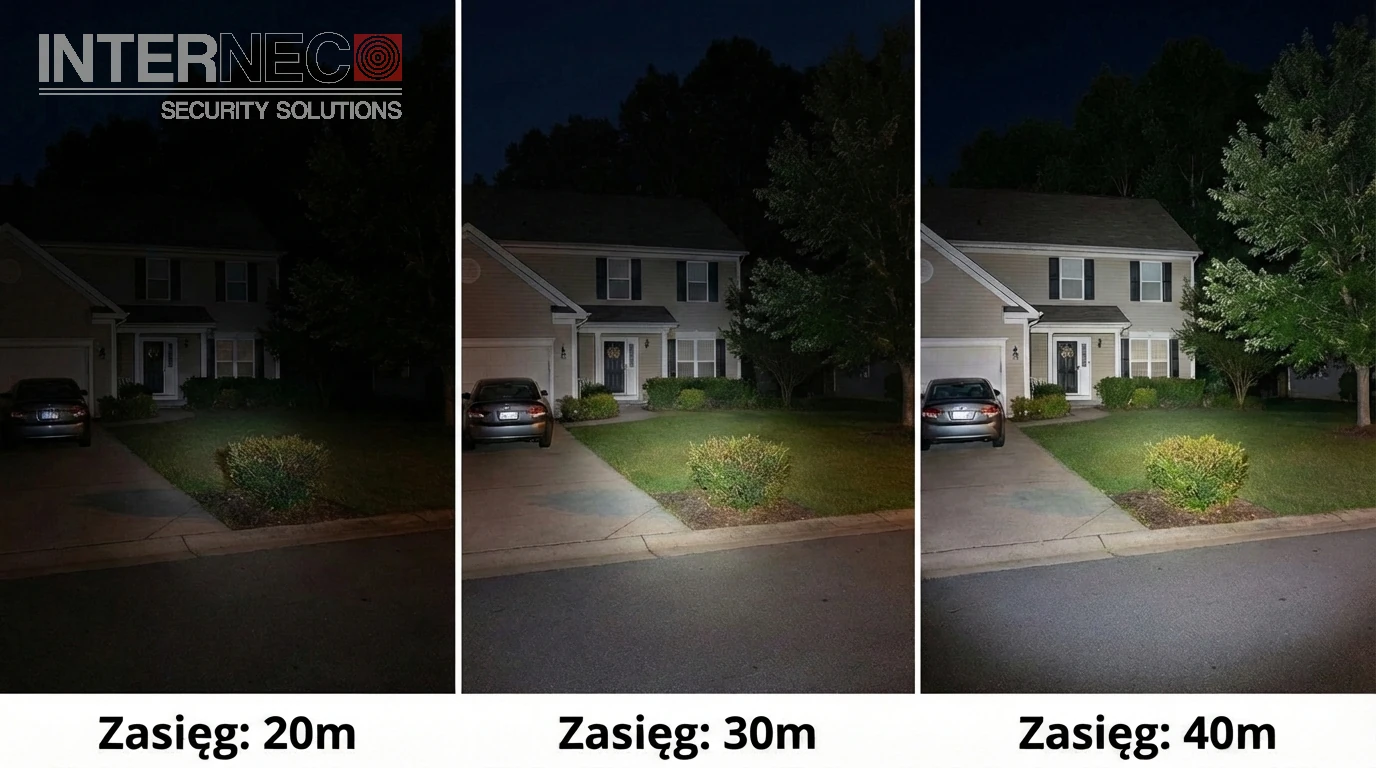 Porównanie widoczności nocnej przy wyłączonym oraz aktywnym doświetleniu LED o zasięgu 30 m