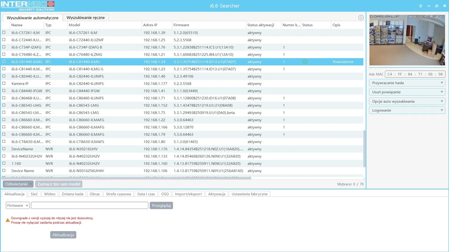 Interfejs programu I6.6 Searcher do zarządzania kamerami i rejestratorami w sieci lokalnej