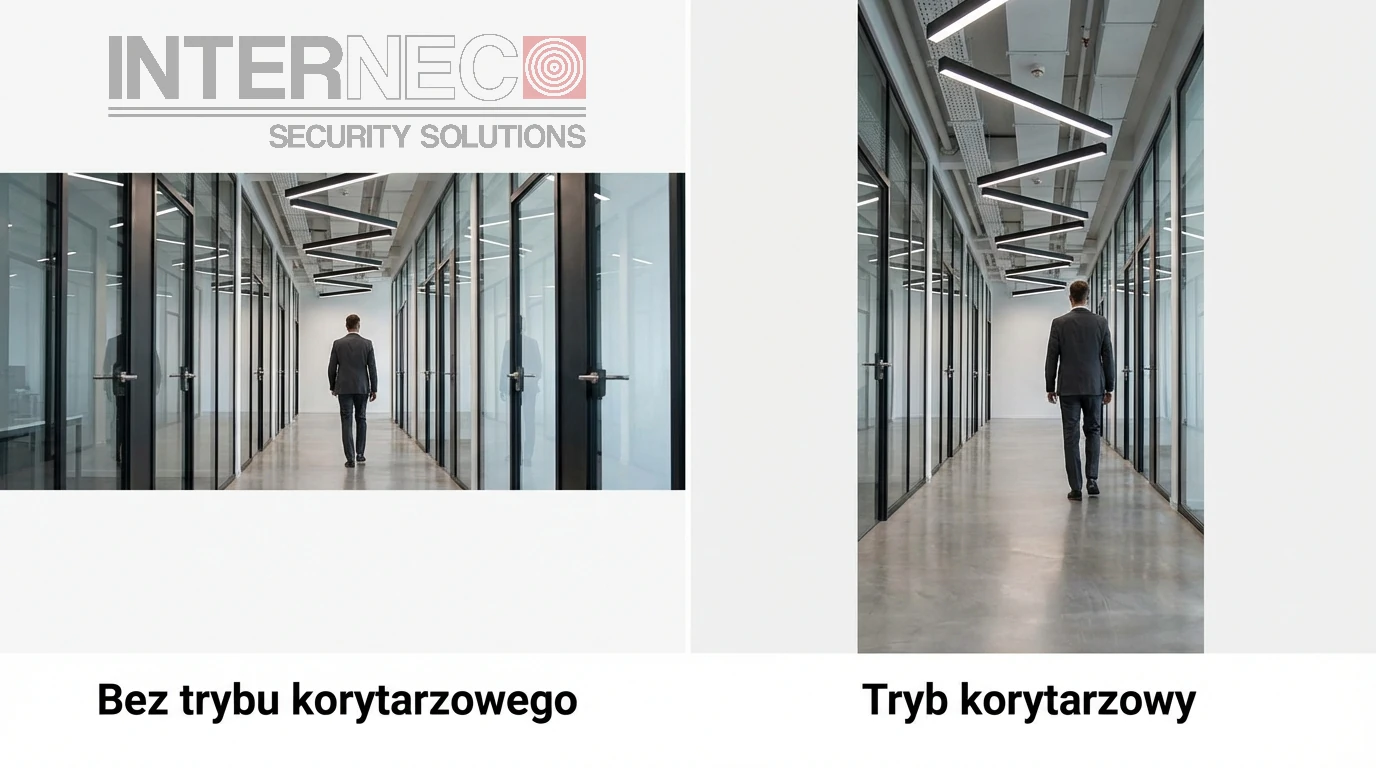 Porównanie standardowego widoku z trybem korytarzowym obrót o 90 stopni w monitoringu