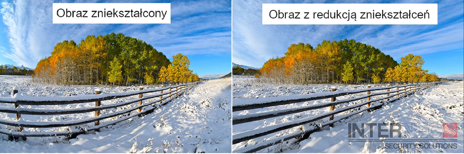 Porównanie obrazu z kamery z efektem rybiego oka oraz po zastosowaniu korekcji zniekształceń