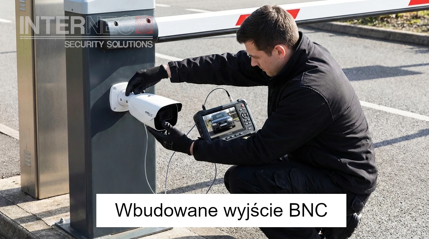 Instalator korzystający z wyjścia BNC do ustawiania podglądu na monitorze serwisowym