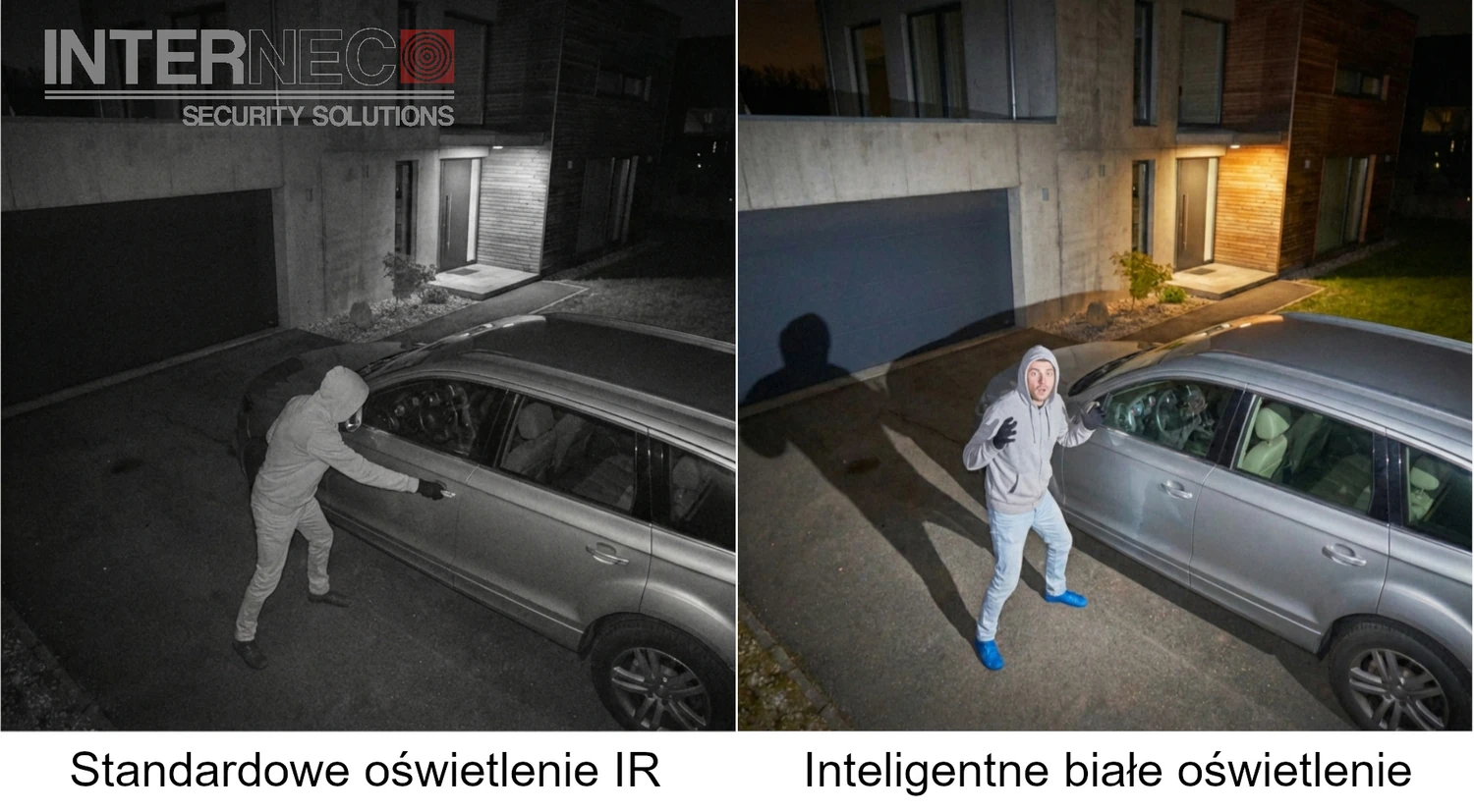 Porównanie standardowego obrazu z podczerwieni oraz pełnokolorowego nagrania uzyskanego dzięki inteligentnemu doświetleniu białym światłem