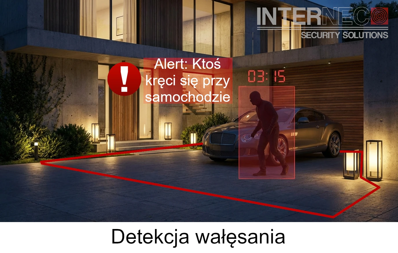 Działanie funkcji detekcji wałęsania na podjeździe domu w nocy