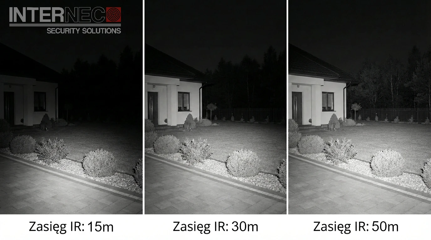 Porównanie widoczności nocnej z wyłączonym i włączonym promiennikiem IR o zasięgu 30 metrów